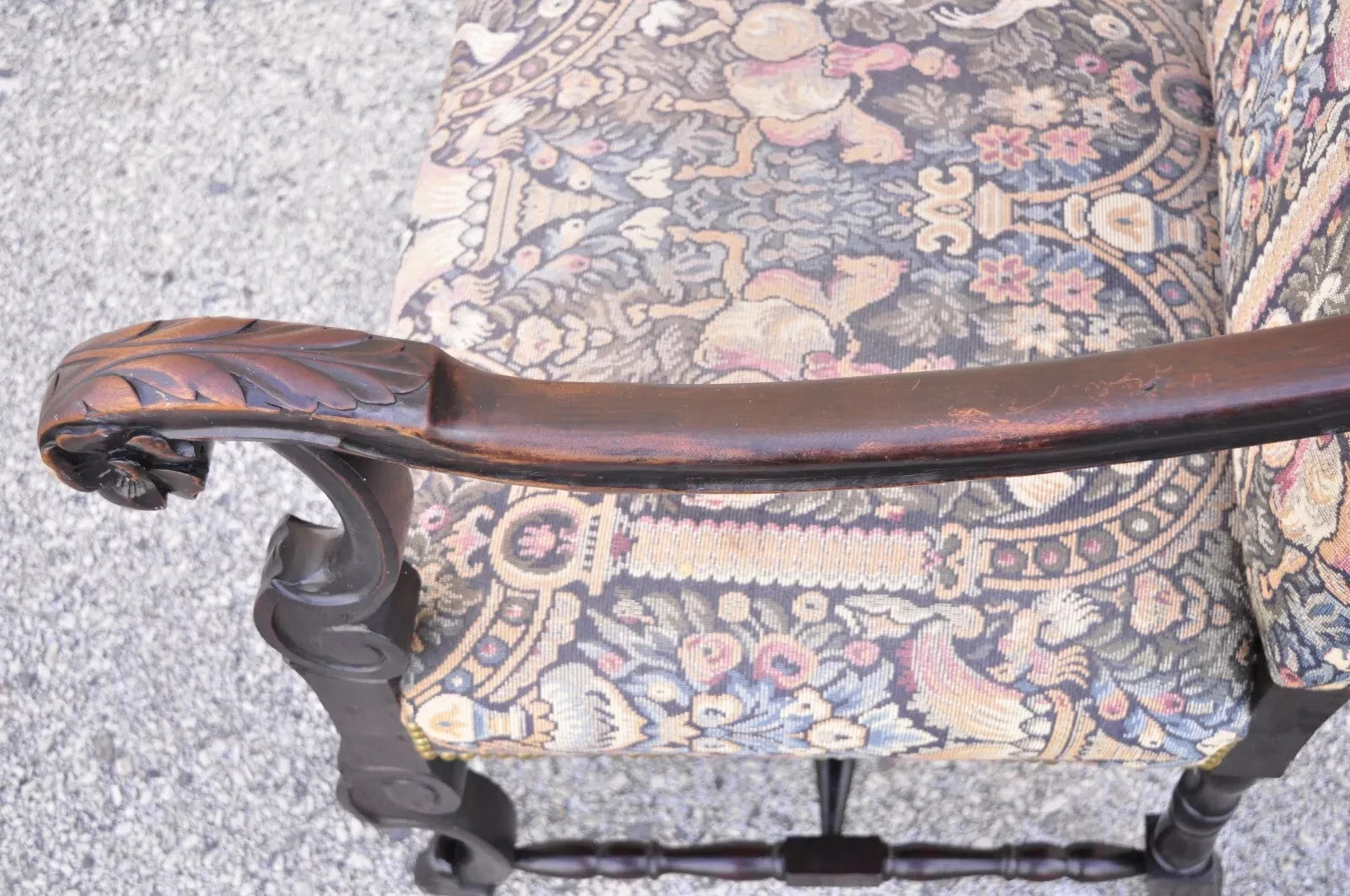 Antique Italian Renaissance Baroque Tapestry Carved Walnut Throne Arm Chair
