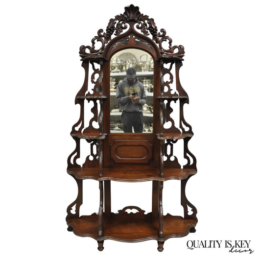 Antique Victorian Rococo Grapevine Carved Walnut Etagere Curio Shelf w/ Mirror