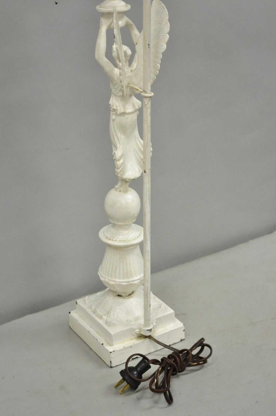 Antique French Neoclassical Metal Figural Winged Maiden Flame White Table Lamp