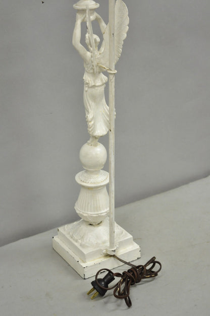 Antique French Neoclassical Metal Figural Winged Maiden Flame White Table Lamp