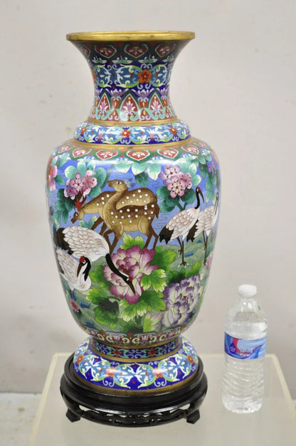 Vintage Chinese Cloisonné Porcelain Enamel Figural Crane and Deer Vase - a Pair