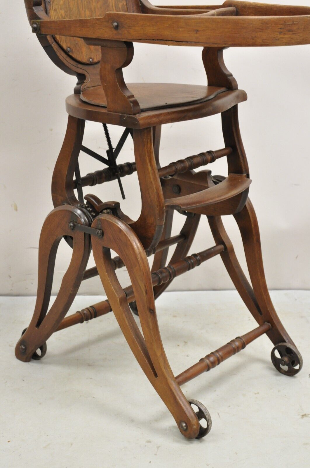 Antique Victorian Walnut Wood Convertible Combination Baby High Chair Stroller