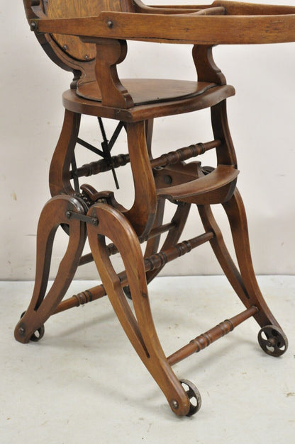 Antique Victorian Walnut Wood Convertible Combination Baby High Chair Stroller