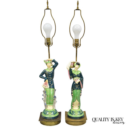 Vintage Art Deco Japanese Figural Green Porcelain Man & Women Table Lamps - Pair