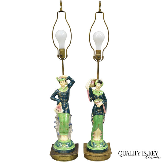 Vintage Art Deco Japanese Figural Green Porcelain Man & Women Table Lamps - Pair
