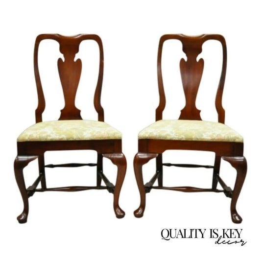 Vintage Queen Anne Style Stretcher Base Cherry Wood Dining Side Chairs - a Pair