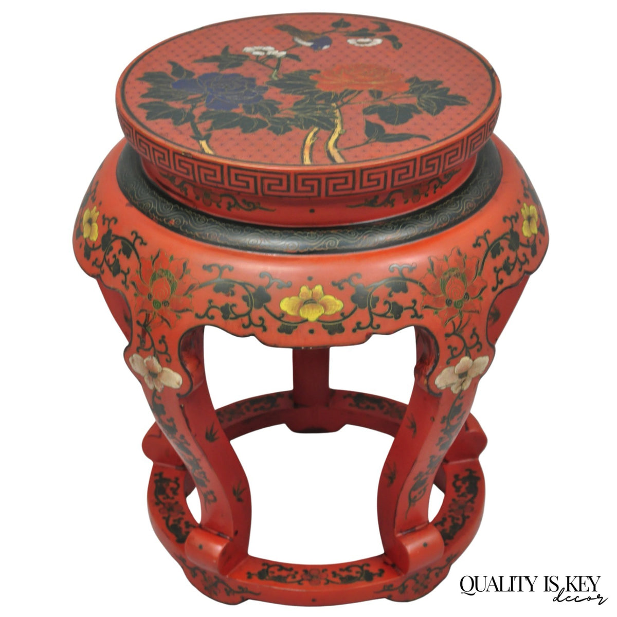 Vintage Chinoiserie Red Lacquer Pedestal Plant Stand Garden Stool Side Table (A)