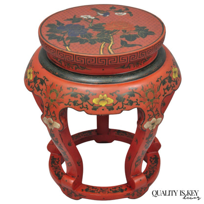 Vintage Chinoiserie Red Lacquer Pedestal Plant Stand Garden Stool Side Table (A)