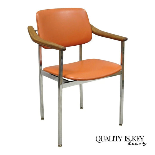 Vintage Mid Century Modern Orange Chrome Frame Sloped Wood Arm Side Desk Chair