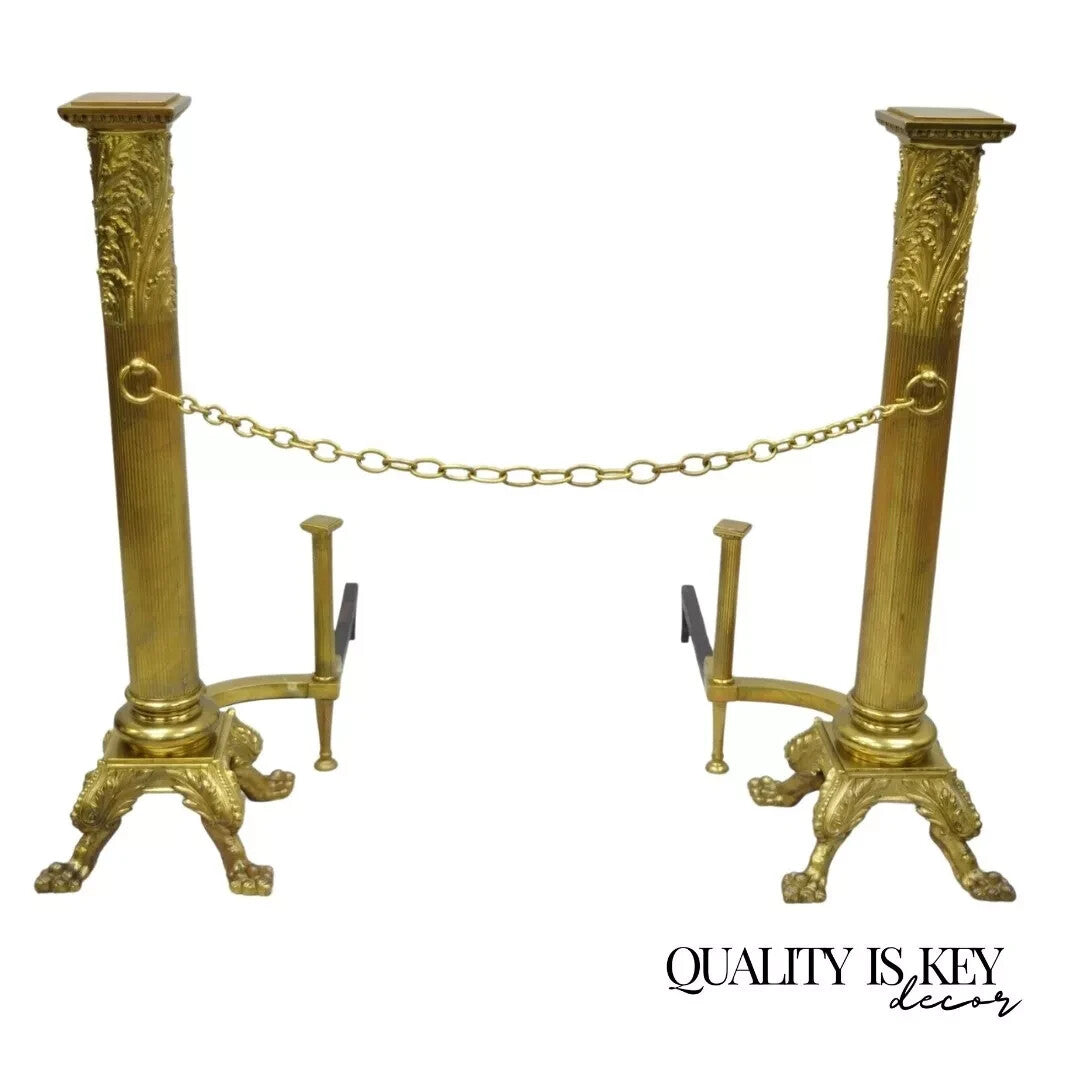 19th C. French Empire Bronze Large 32" Paw Foot Column Fireplace Andirons - Pair