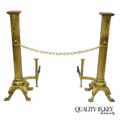19th C. French Empire Bronze Large 32" Paw Foot Column Fireplace Andirons - Pair