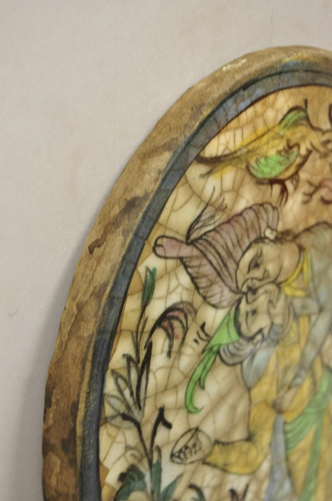 Antique Persian Iznik Qajar Style Ceramic Pottery Oval Tile Couple Embrace C3