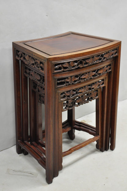 Vintage Chinese Carved Hardwood Curved Frame Nesting Side Tables - Set of 4