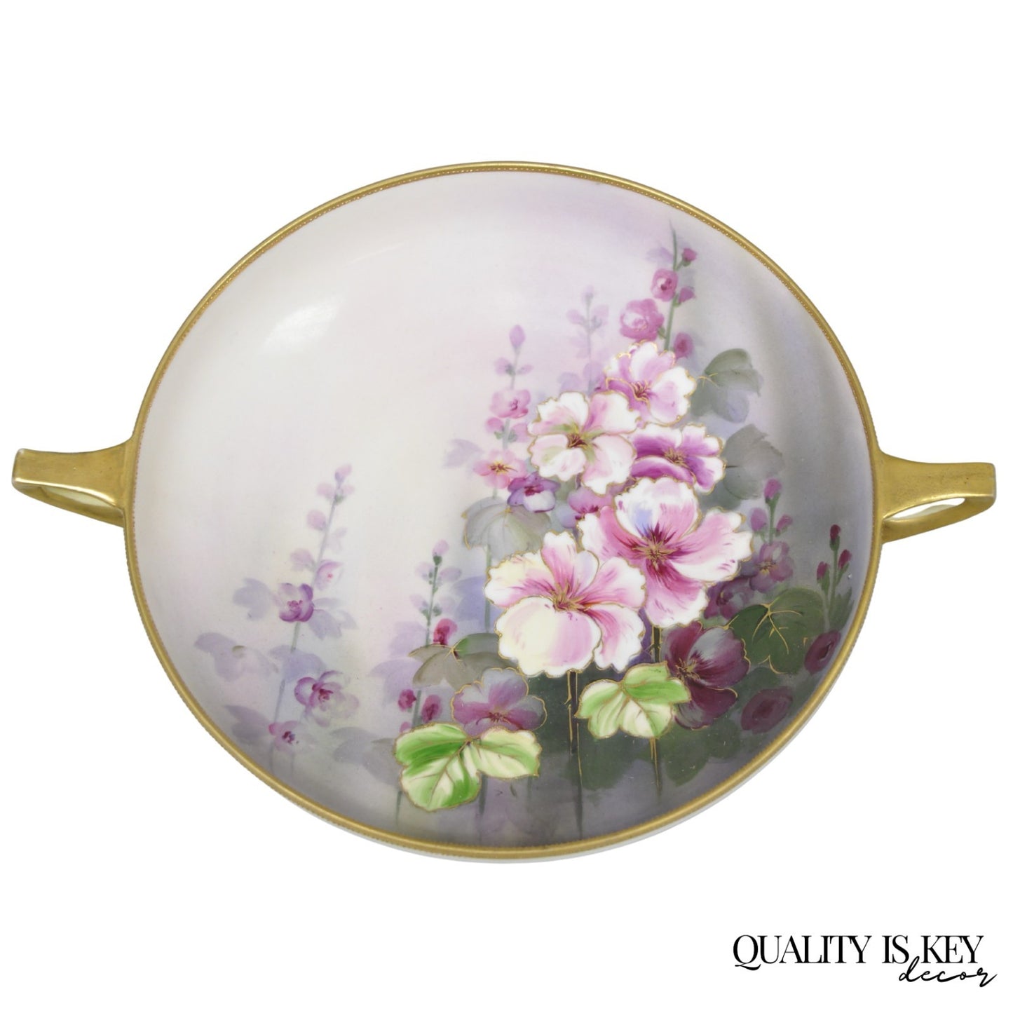 Antique Nippon Hand Painted Pink Wisteria Flower Porcelain Dish w / Handles
