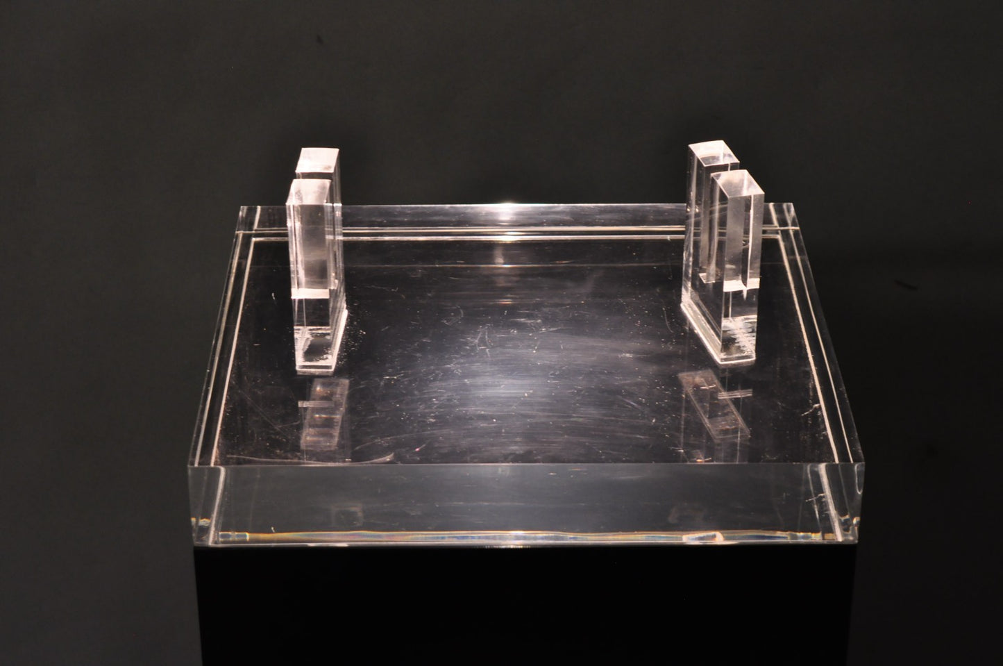 Vintage Mid Century Modern Clear Lucite & Black Acrylic Lighted Pedestal Stand