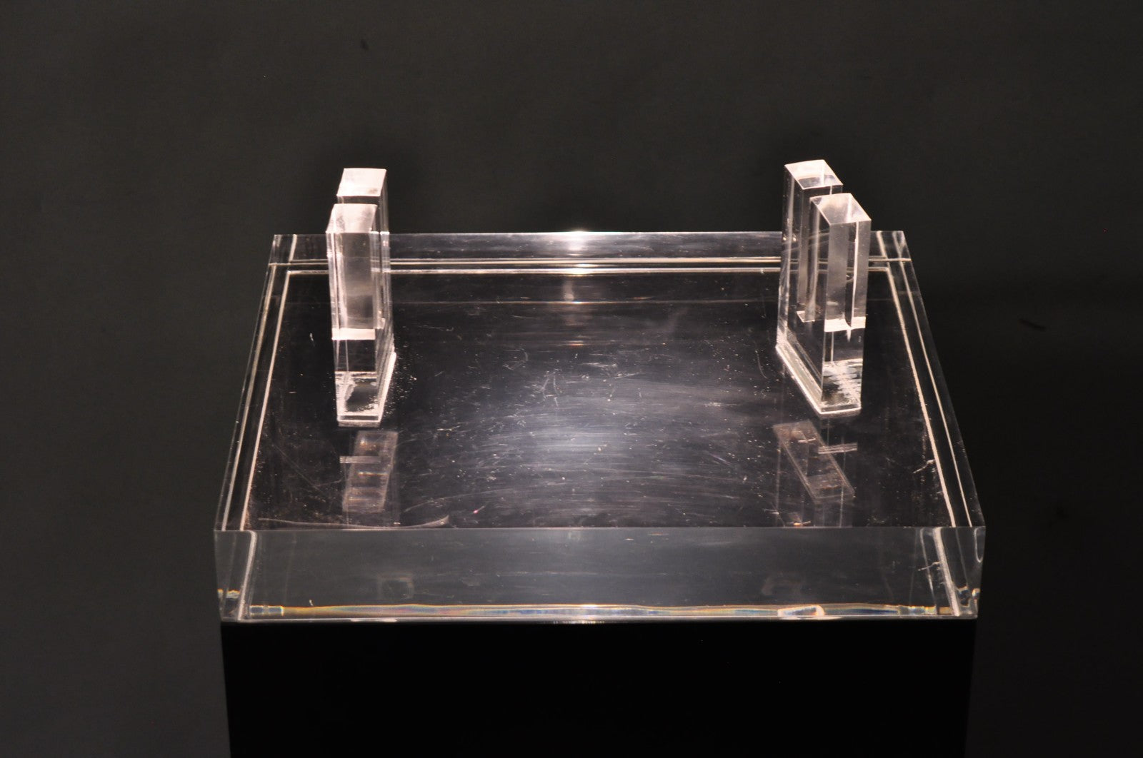 Vintage Mid Century Modern Clear Lucite & Black Acrylic Lighted Pedestal Stand