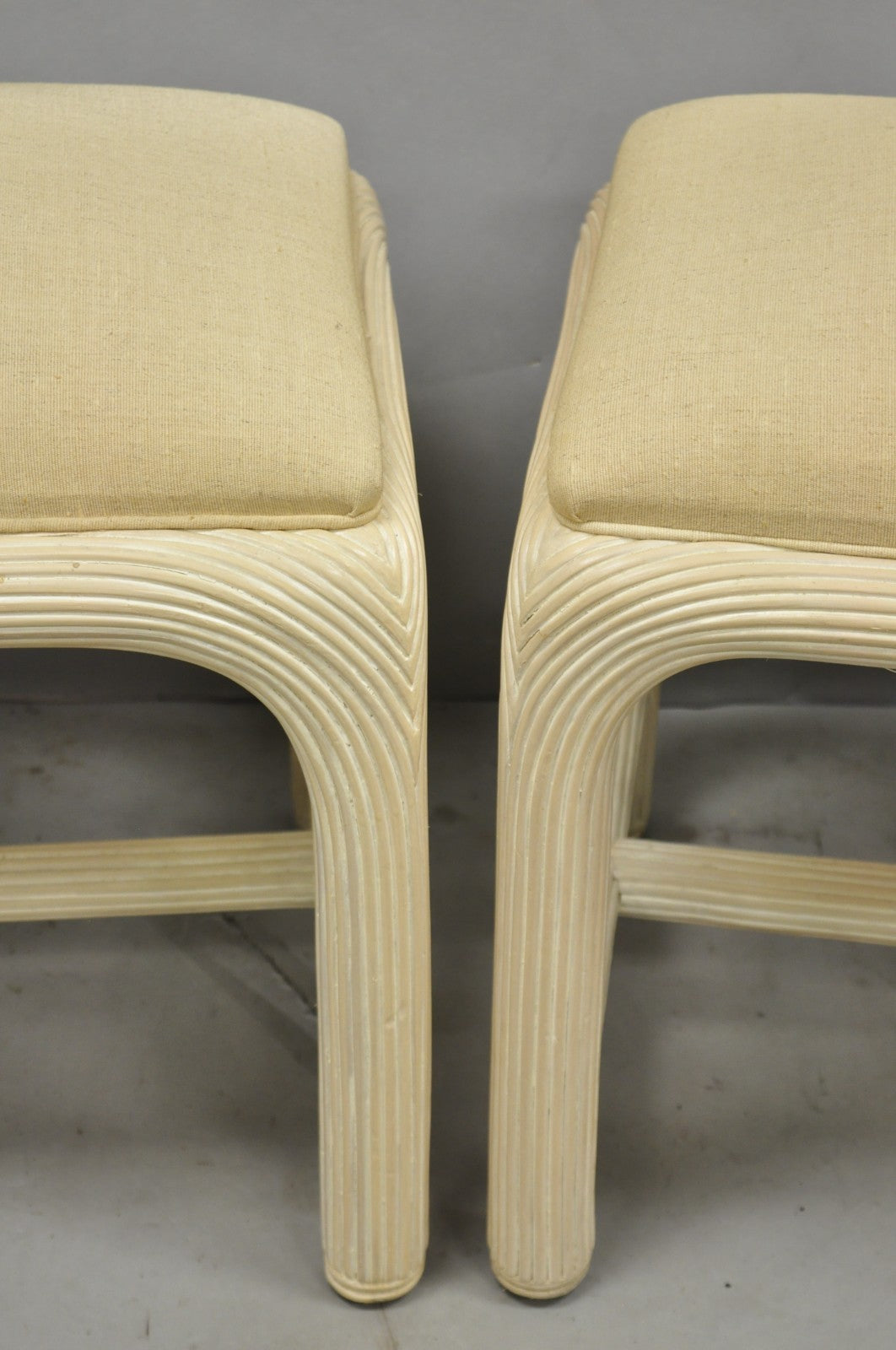 Vintage Hollywood Regency Rattan Pencil Reed Stools by American Drew - a Pair