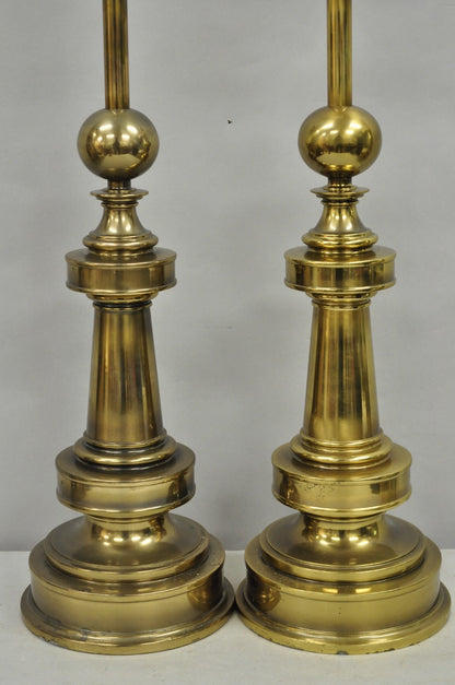 Vintage Stiffel Neoclassical Brass Cannonball Column Table Lamps - a Pair