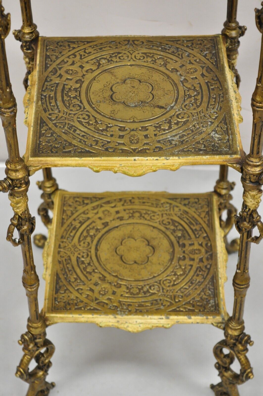 Antique Victorian Cast Iron Figural Renaissance 3 Tier Plant Stand Side Table
