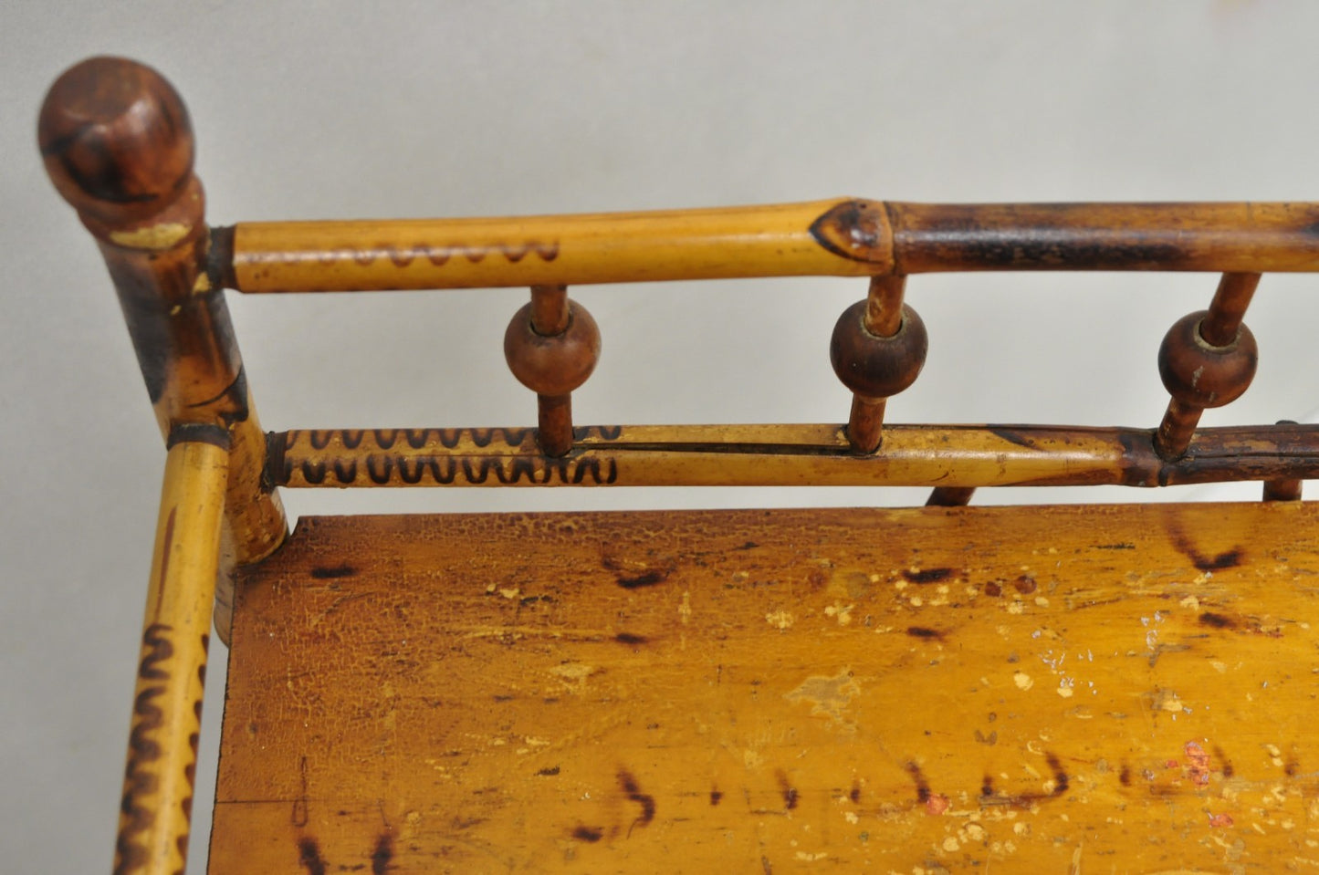 Antique English Victorian Burnt Bamboo Stick & Ball Small Bookcase Curio Shelf