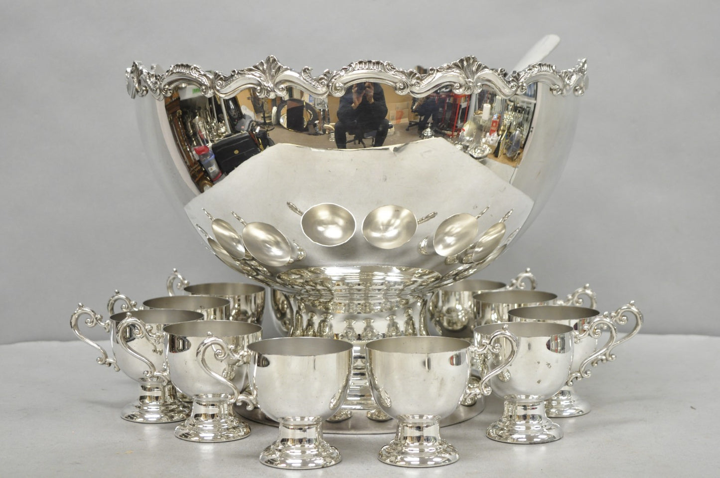 Vintage Large Silver Plated Pedestal Punch Bowl Set w/ 12 Cups - 14 Pc Set