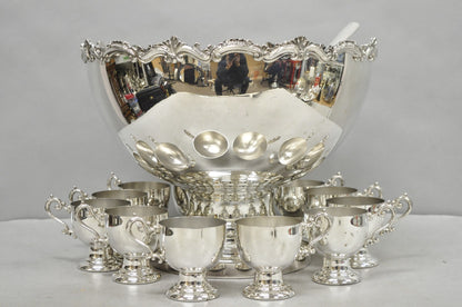 Vintage Large Silver Plated Pedestal Punch Bowl Set w/ 12 Cups - 14 Pc Set