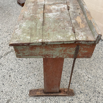 Antique French Primitive Rustic Green Distress Painted Flip Top Wood School Desk