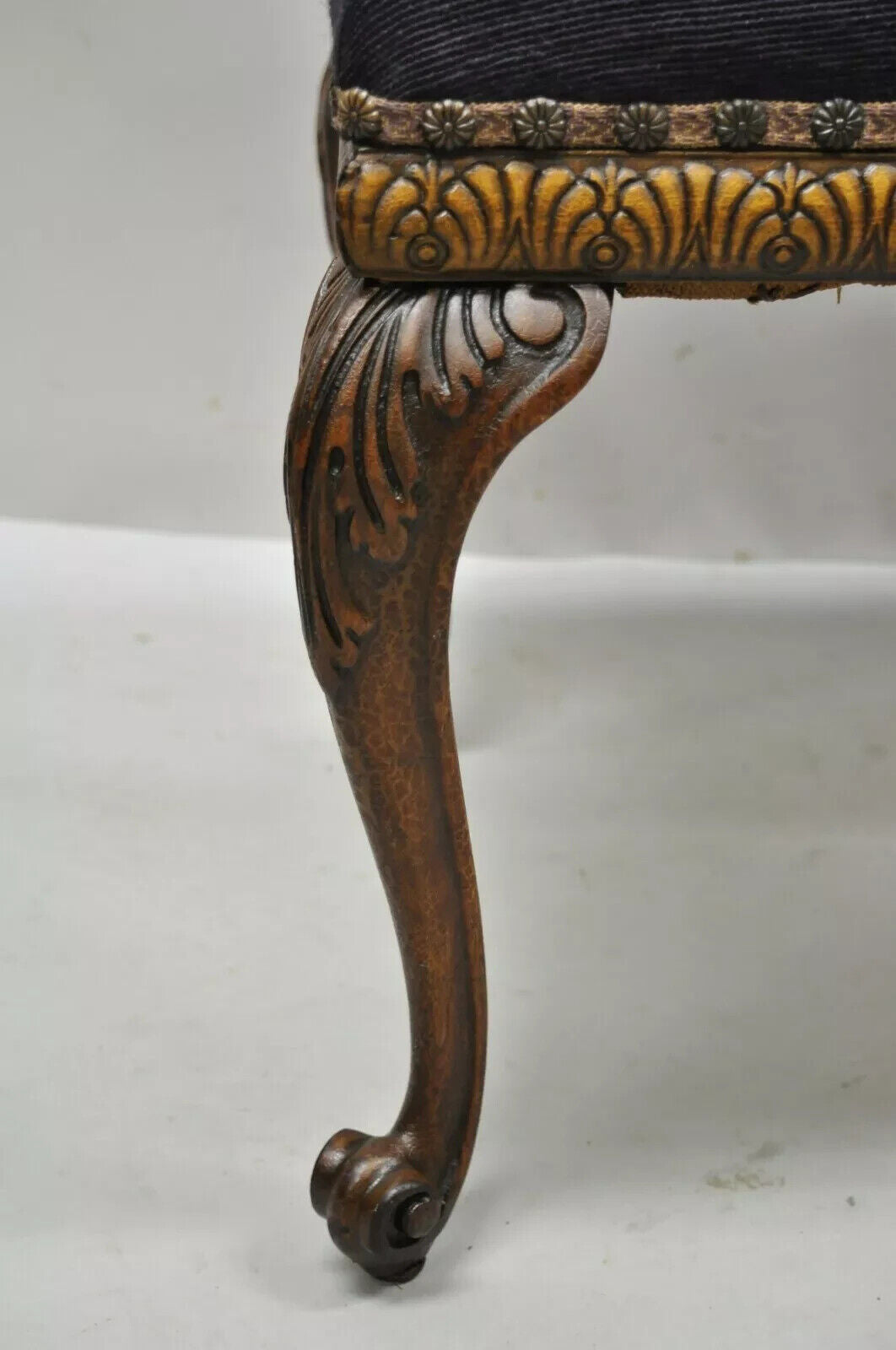 Antique French Victorian Needlepoint Carved Mahogany Cabriole Leg Bench