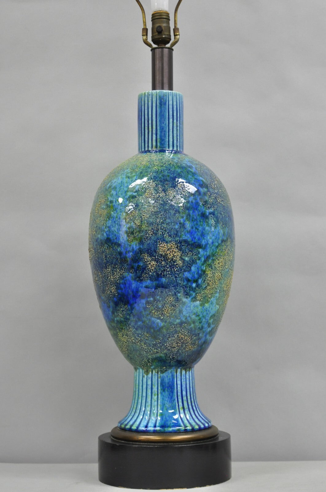 Vintage Mid Century Italian Modern Blue Glazed Ceramic Pottery Tall Table Lamp