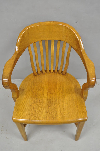 Traditional Antique Solid Golden Oak Wood Office Library Bankers Arm Chair