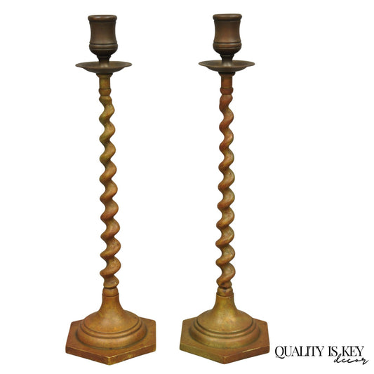 Vintage English Regency Small Patinated Bronze Barley Twist Candlesticks a Pair