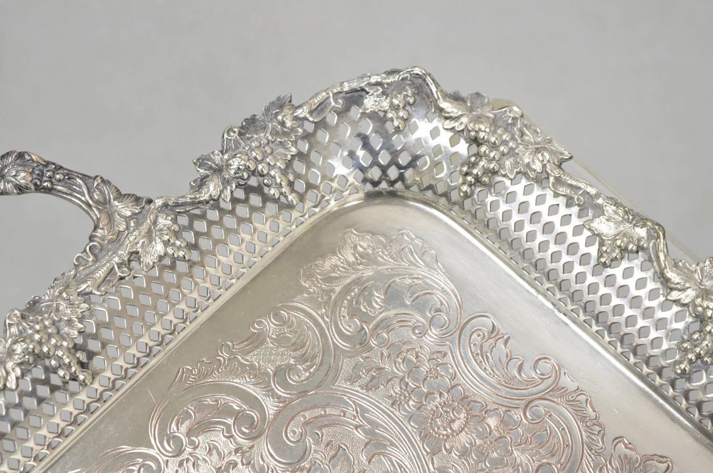 Antique Victorian Silver Plated Grapevine Repousse Platter Bar Tray w/ Monogram