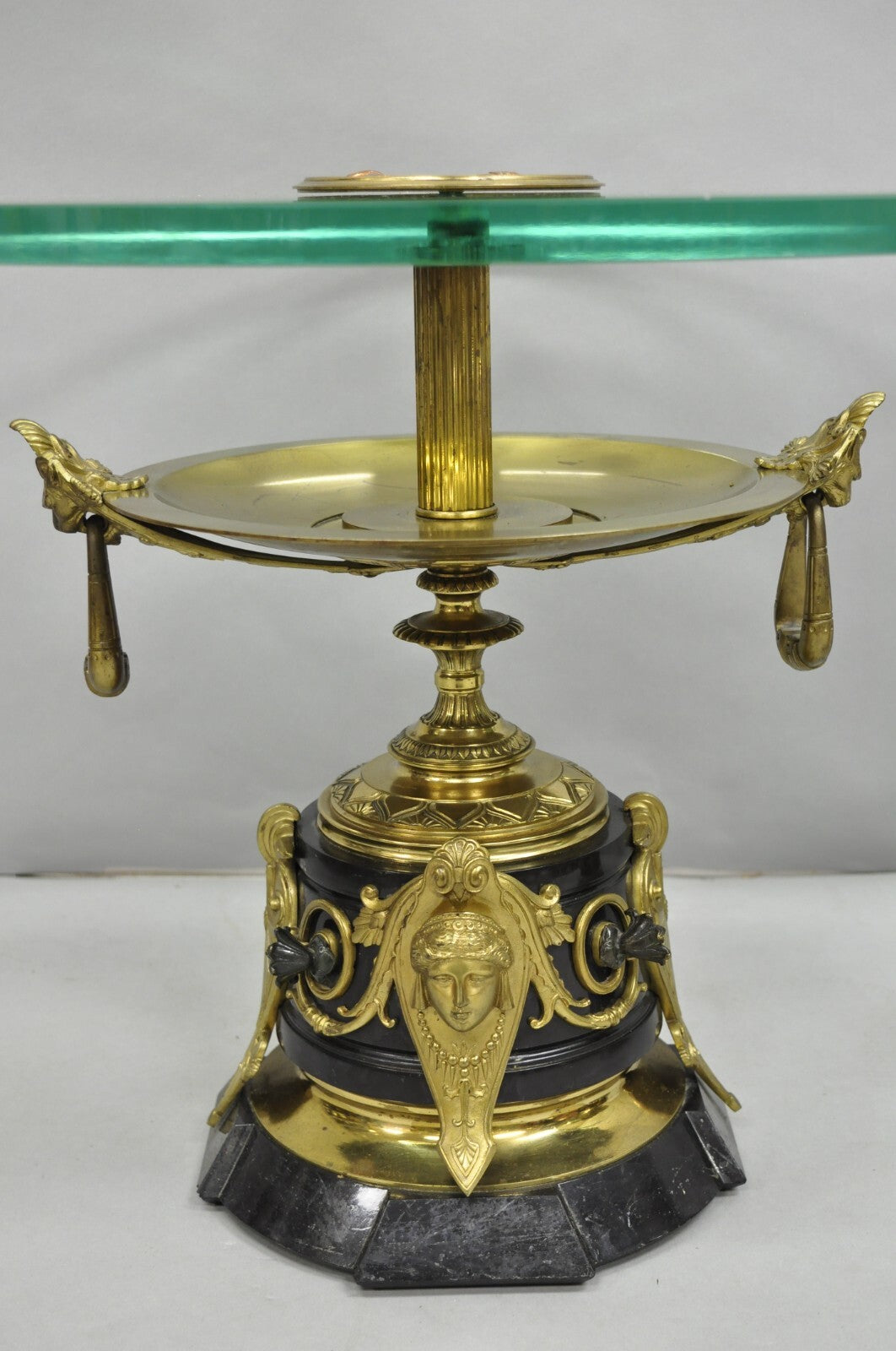 French Empire Figural Bronze and Marble Round Glass Tazza Low Side Tables - Pair