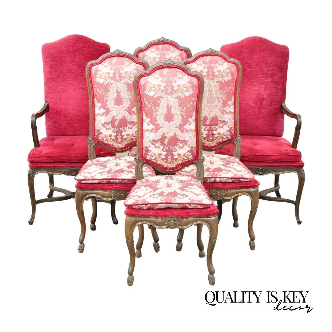 Vintage Italian Regency Style Carved Walnut Red Fabric Dining Chairs - Set of 6