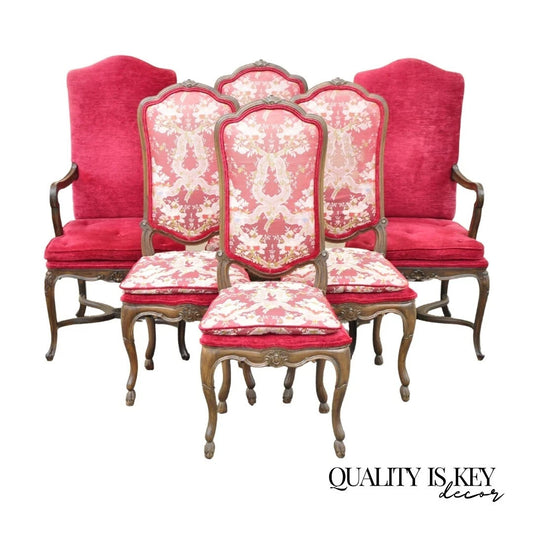 Vintage Italian Regency Style Carved Walnut Red Fabric Dining Chairs - Set of 6