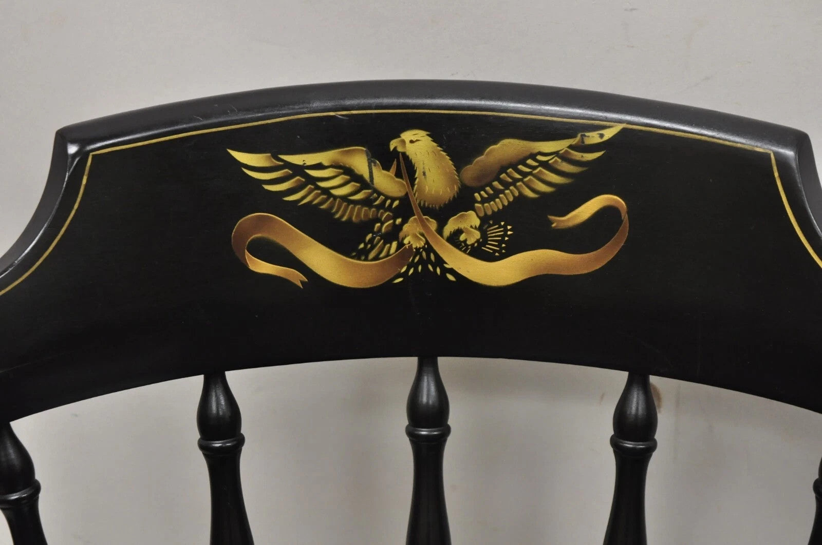 Vintage S. Bent & Bros Black Painted Eagle Colonial Pub Arm Chairs - a Pair