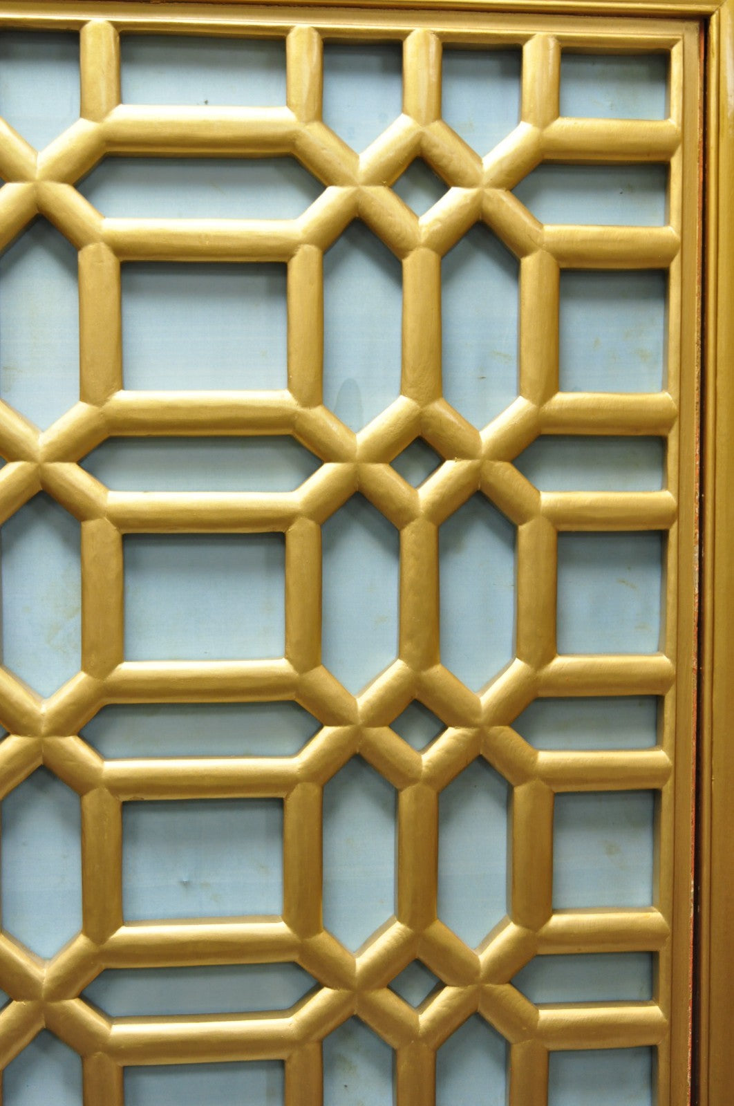 Vintage Chinoiserie Lattice Fretwork 4 Panel Gold Folding Screen Room Divider