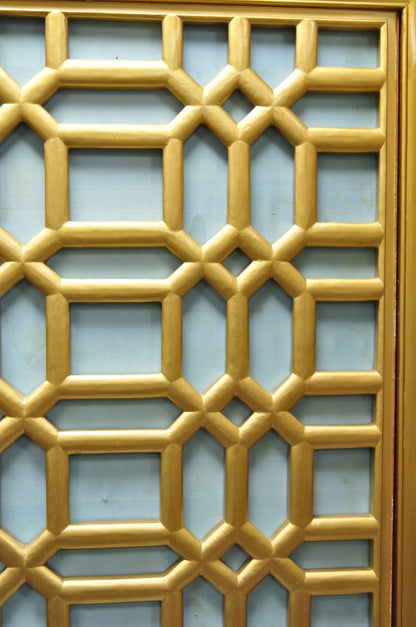 Vintage Chinoiserie Lattice Fretwork 4 Panel Gold Folding Screen Room Divider
