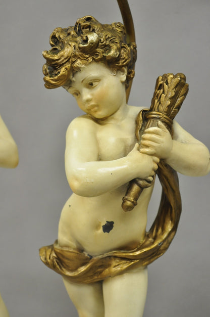 Antique French Moreau Figural Full Cherub Painted Metal Table Lamps - a Pair
