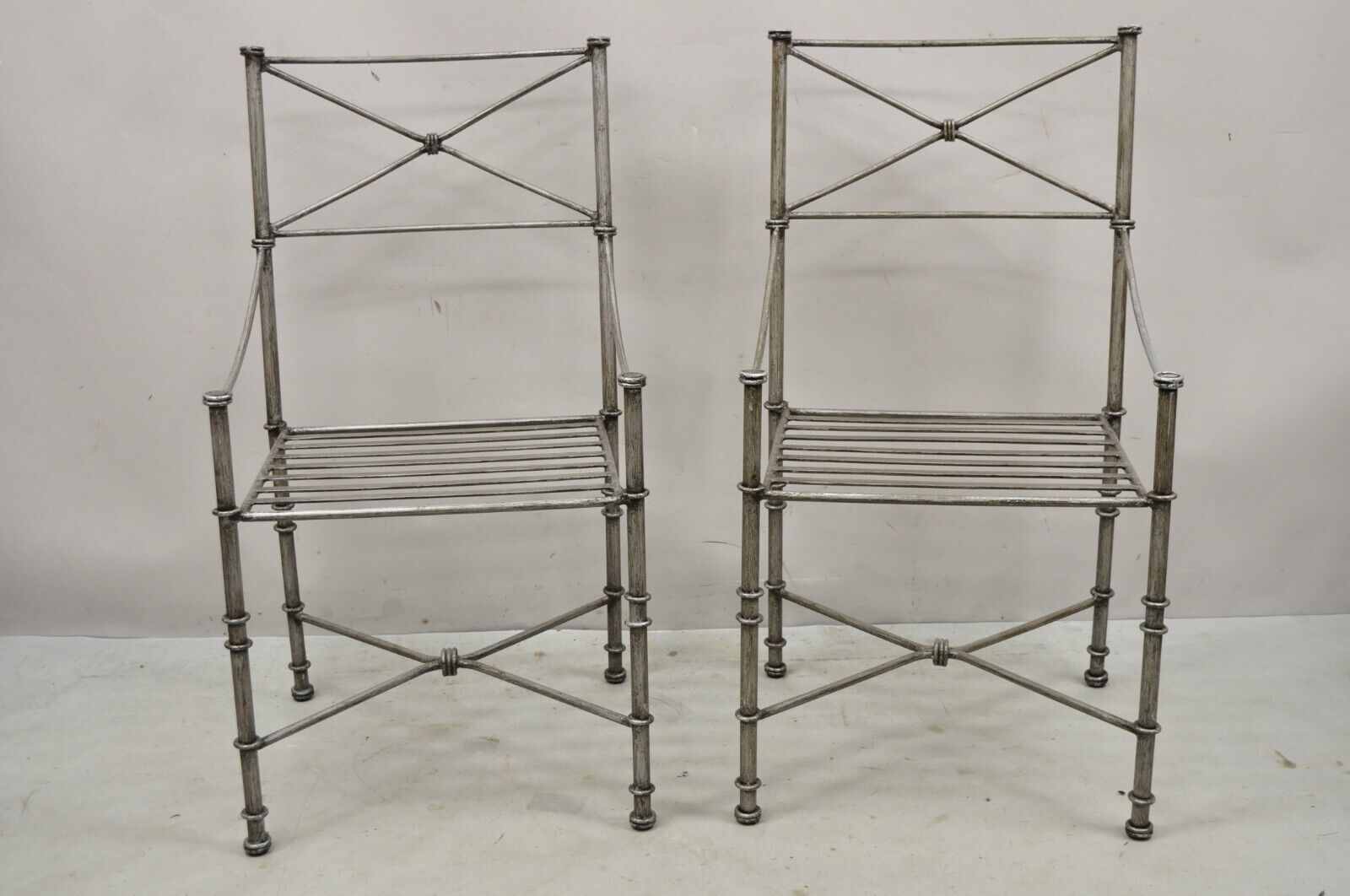 Pier 1 Medici Pewter Wrought Iron Dining Side Chairs - a Pair