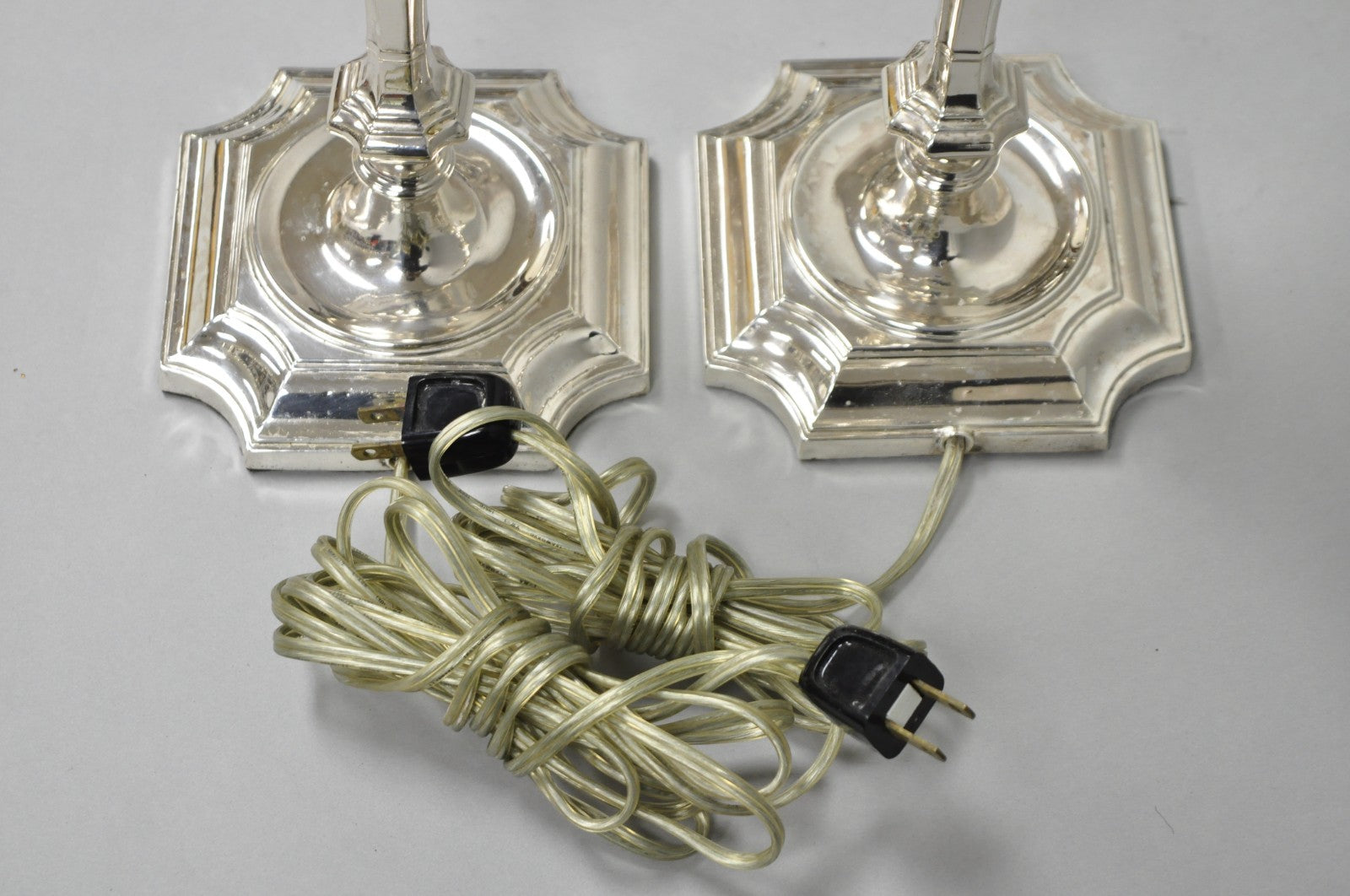 Antique English Regency Silver Plated Footed Candlestick Table Lamps - a Pair