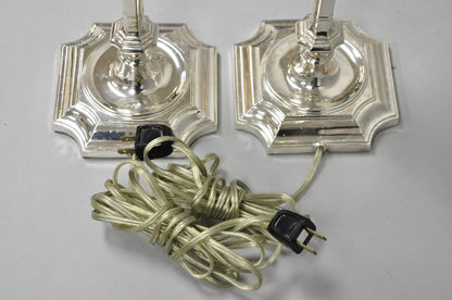Antique English Regency Silver Plated Footed Candlestick Table Lamps - a Pair