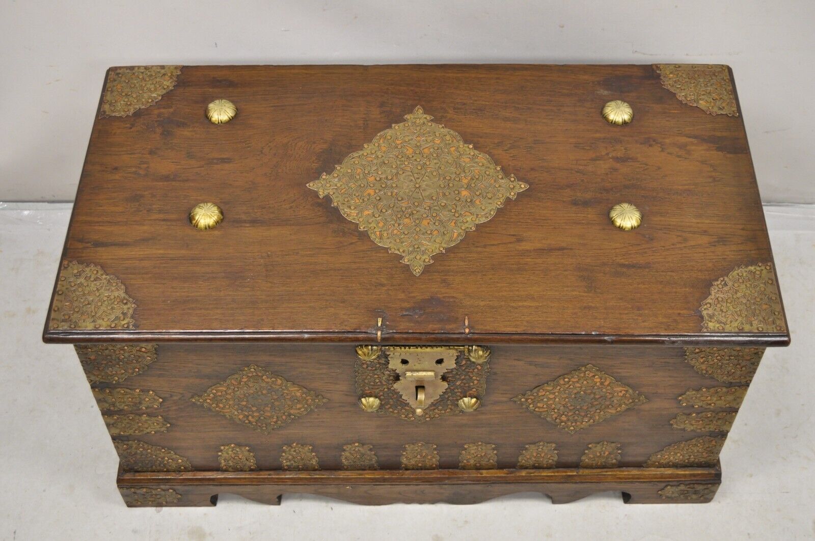 Antique Oak Wood & Brass Mounted Syrian Coffer Blanket Chest Trunk