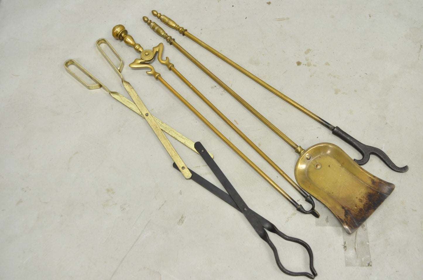 Antique English Federal Brass Urn Finial Fireplace Tool Set with Stand