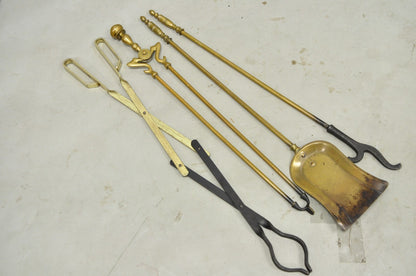Antique English Federal Brass Urn Finial Fireplace Tool Set with Stand