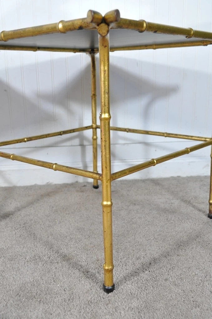 Vintage Italian Hollywood Regency Faux Bamboo Gold Mirror Low Side Tables - Pair