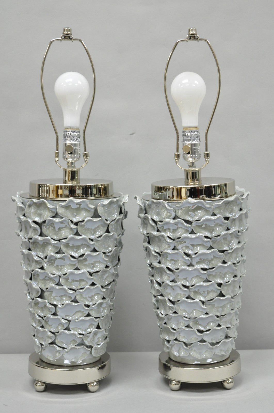 Contemporary Modern Gray Porcelain Leaf Leaves Chrome Table Lamps - a Pair