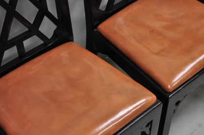 Vintage Chinese Chippendale Pagoda Fretwork Black Lacquer Dining Chair, Set of 4
