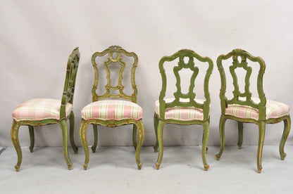 Antique Italian Venetian Green Floral Hand Painted Dining Side Chairs - Set of 4