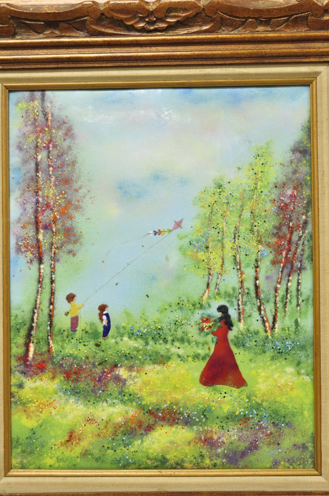 Vintage Louis Cardin Enamel on Copper Painting Framed "Woman with Boys & Kite"